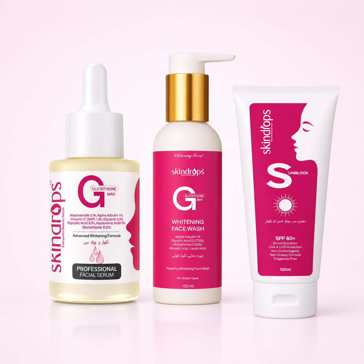 Glutathione Whitening Serum MAX + Whitening Facewash + Sunblock SPF60