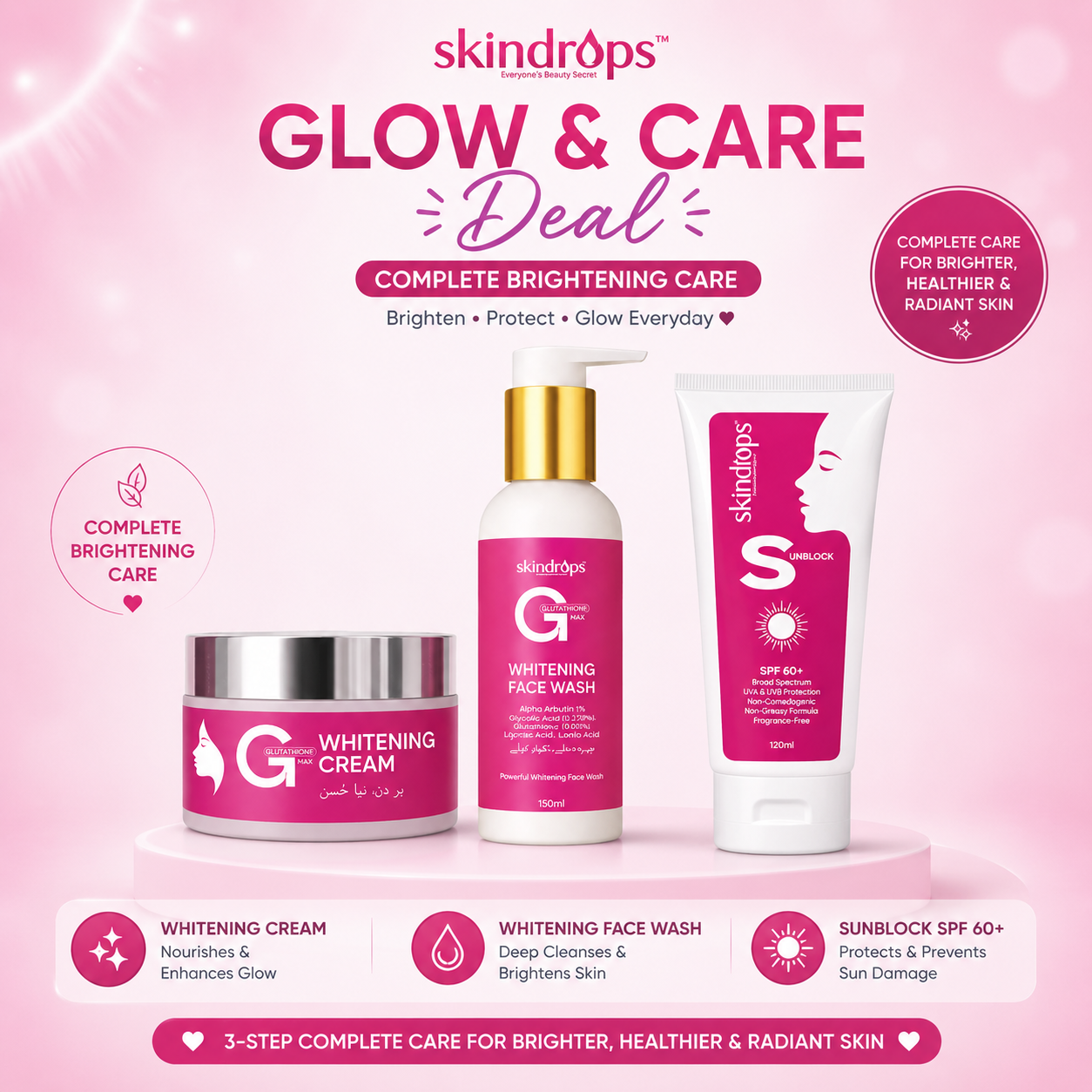 SkinDrops Daily Glow Trio | Whitening Cream + Face Wash + SPF 60 Sunblock