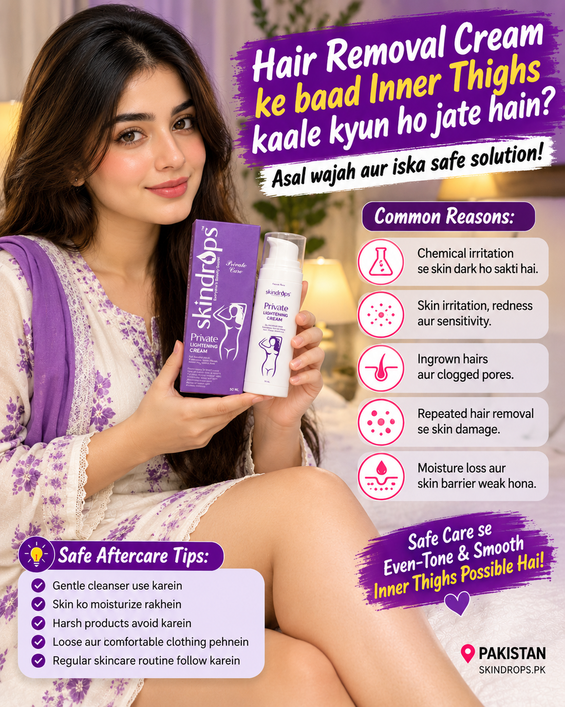 SKINDROPS hair removal cream and dark inner thighs educational cover