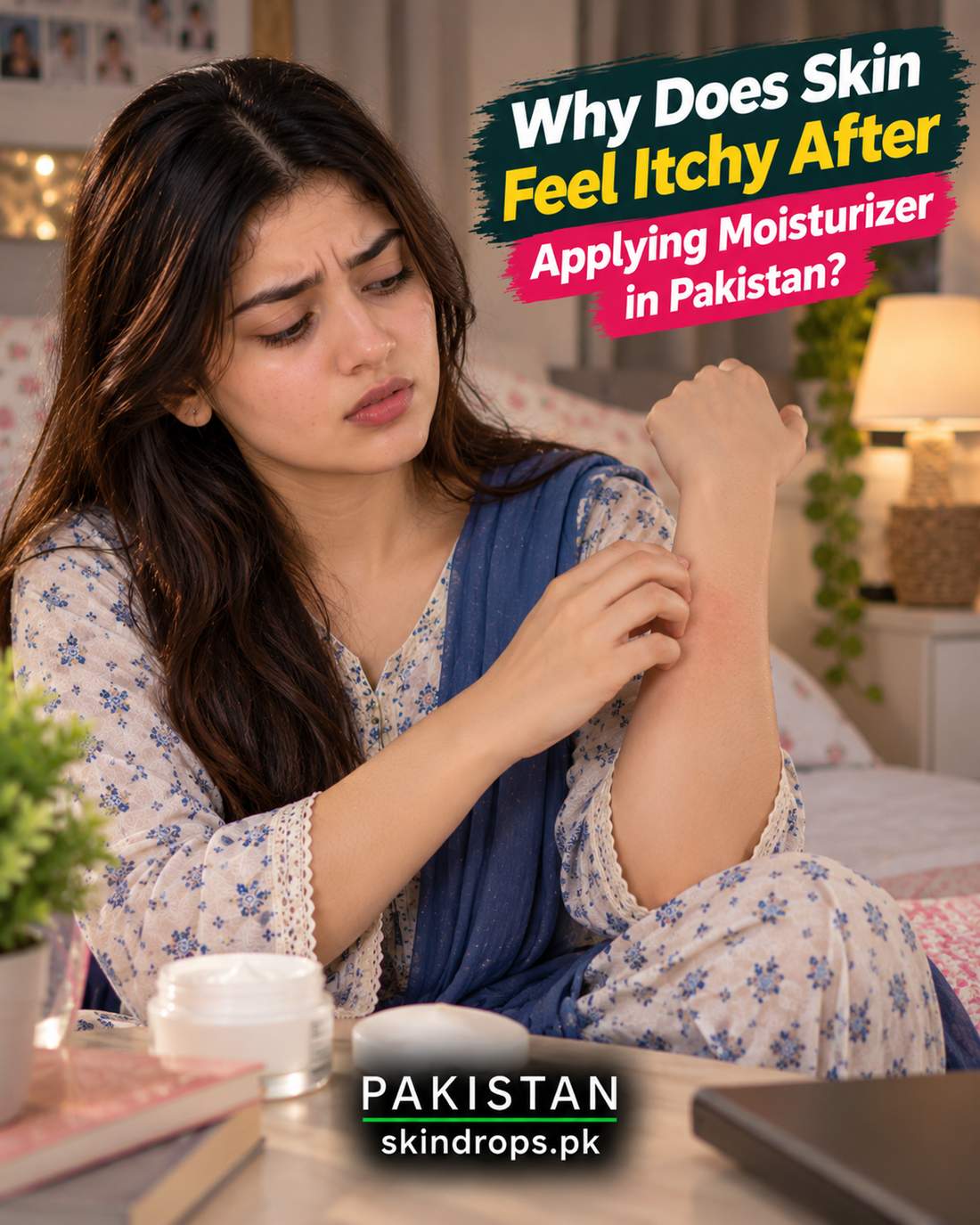 Pakistani woman in bedroom checking itchy forearm after applying moisturizer