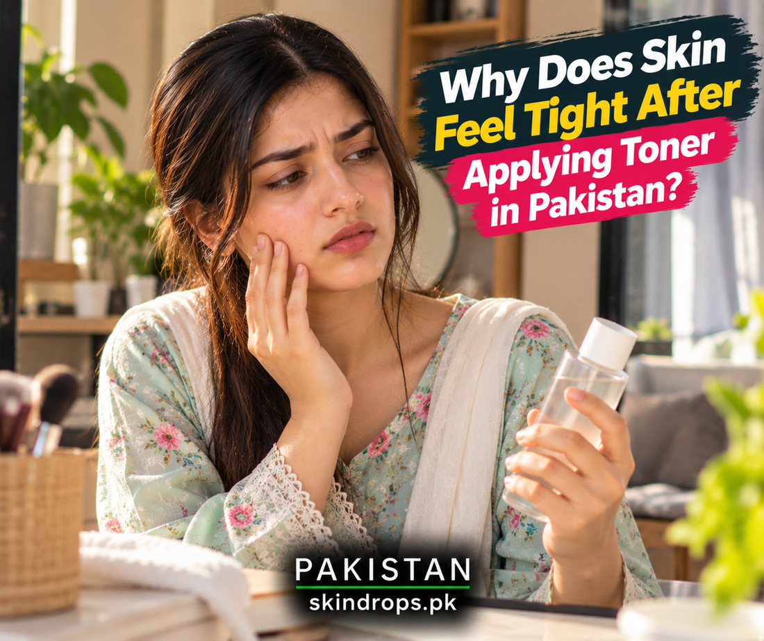 Pakistani woman holding a toner bottle and checking tight skin after application