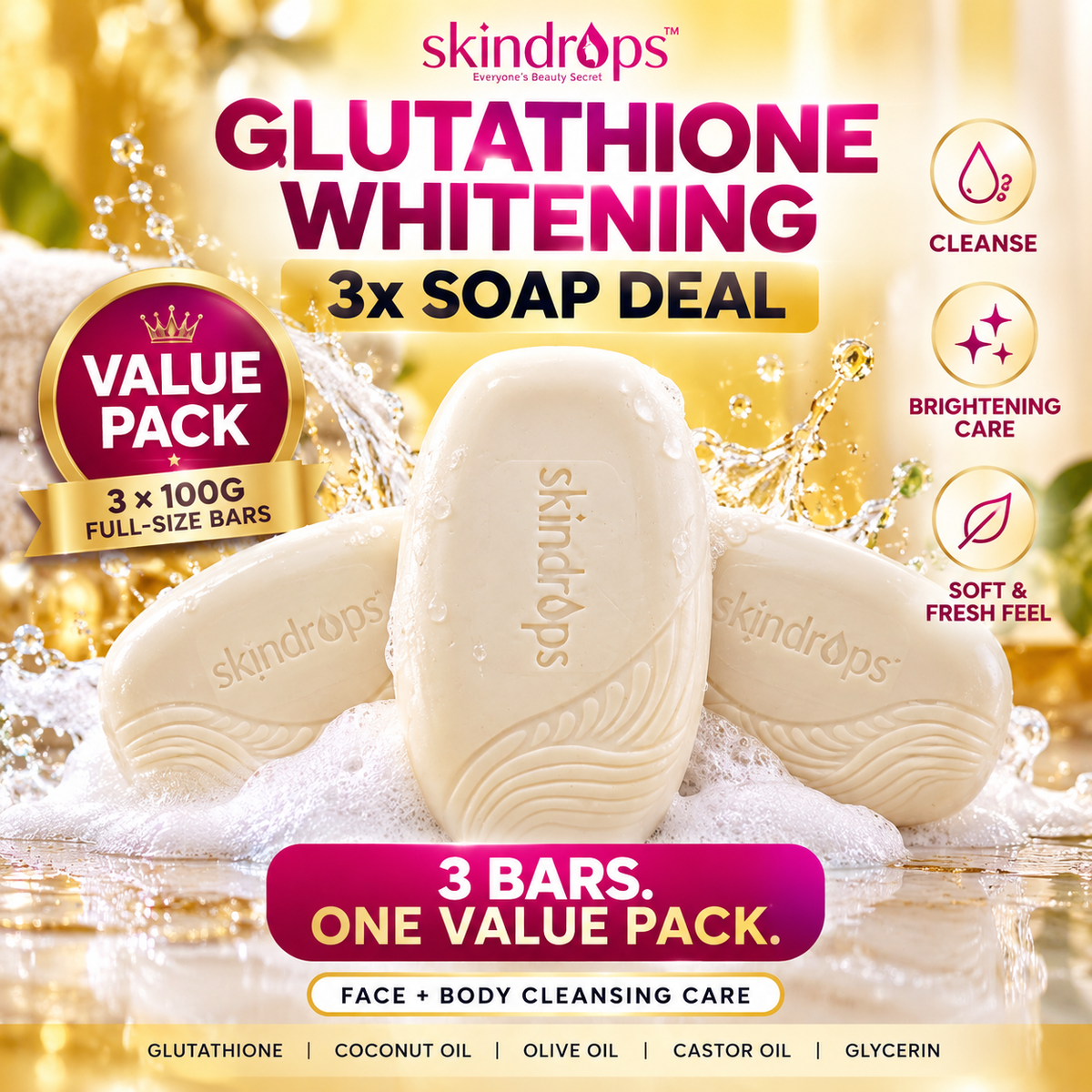 Glutathione Whitening Soap 3x Value Pack – 3 × 100G