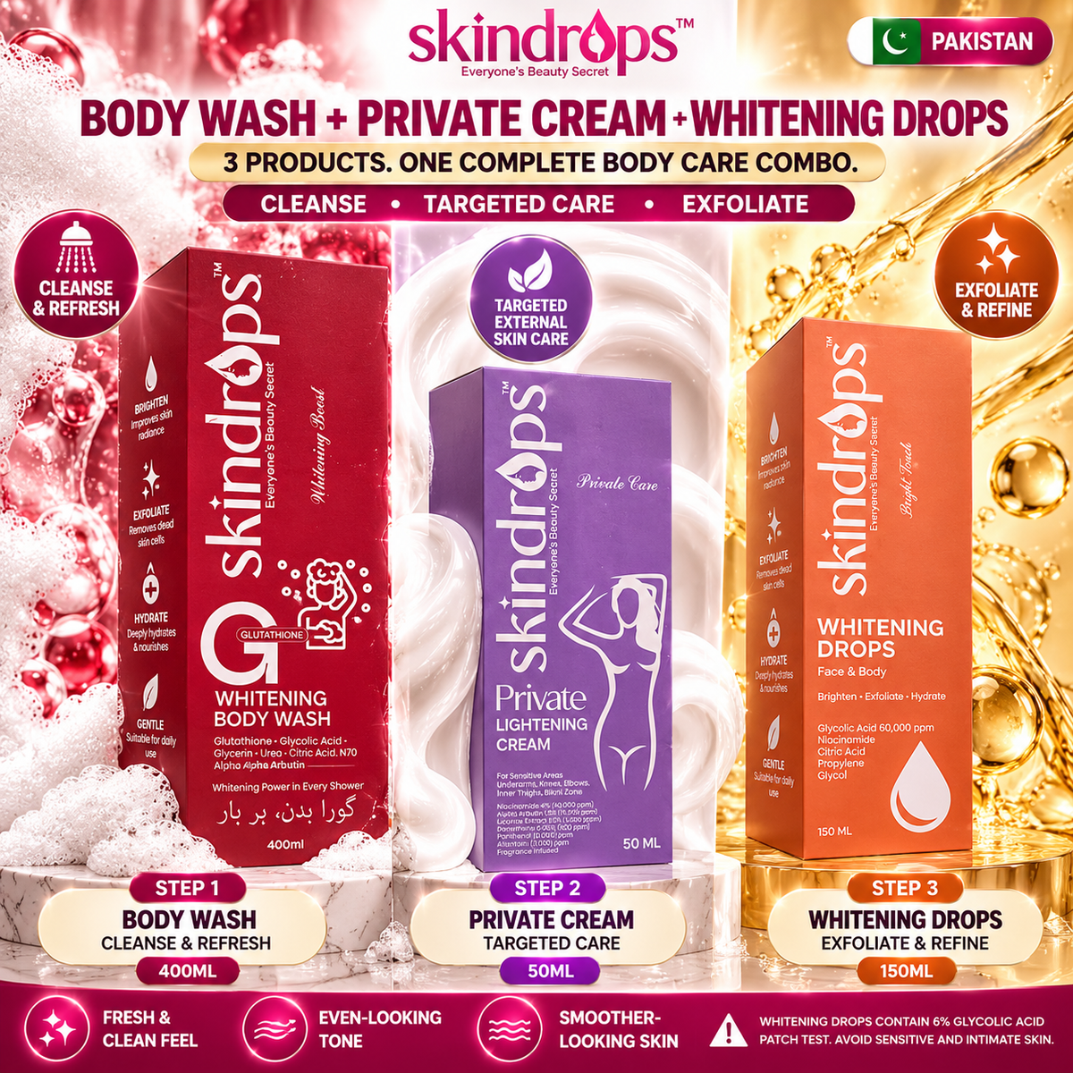 Glutathione Whitening Body Wash + Private Parts Lightening Cream + Whitening Drops