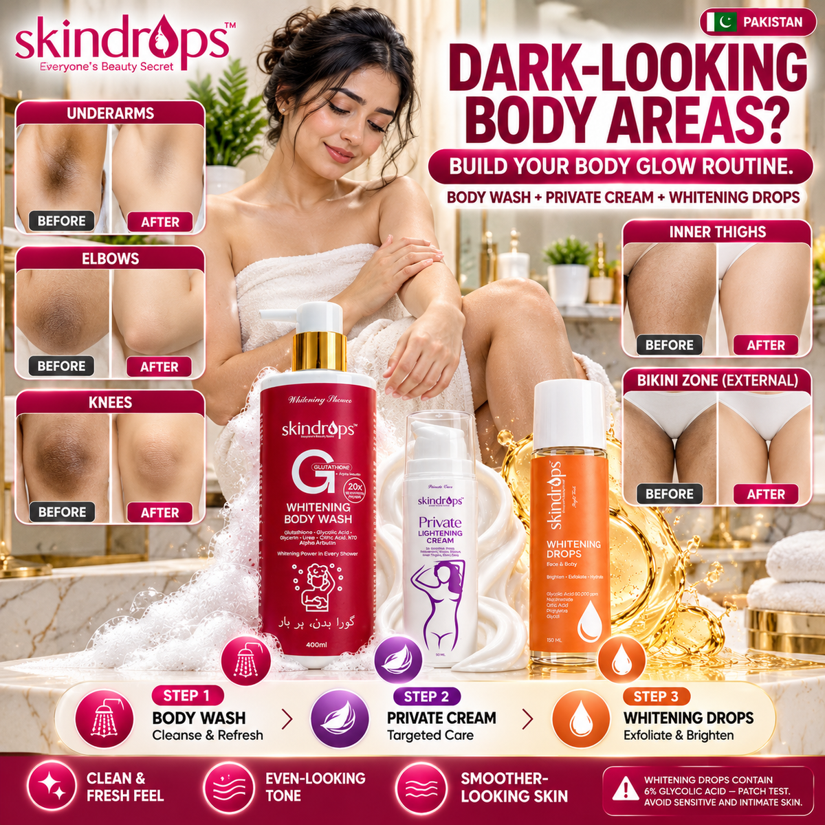 Glutathione Whitening Body Wash + Private Parts Lightening Cream + Whitening Drops