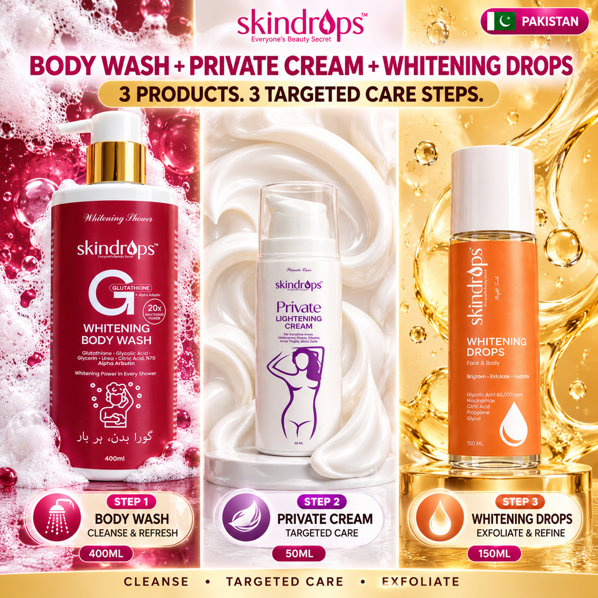 Glutathione Whitening Body Wash + Private Parts Lightening Cream + Whitening Drops