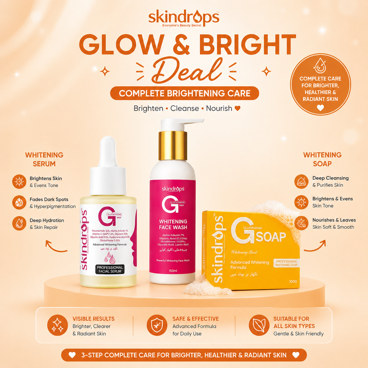 SkinDrops Brightening Essentials Trio | Glutathione Serum + Face Wash + Soap