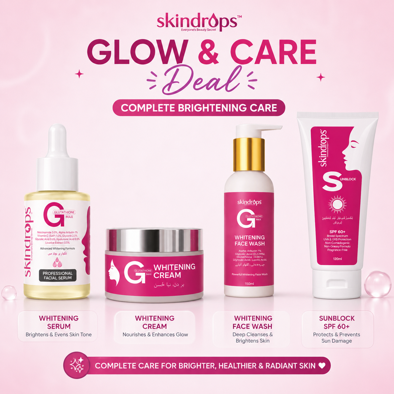 SkinDrops Complete Glow Routine | Serum + Cream + Face Wash + SPF 60 Sunblock