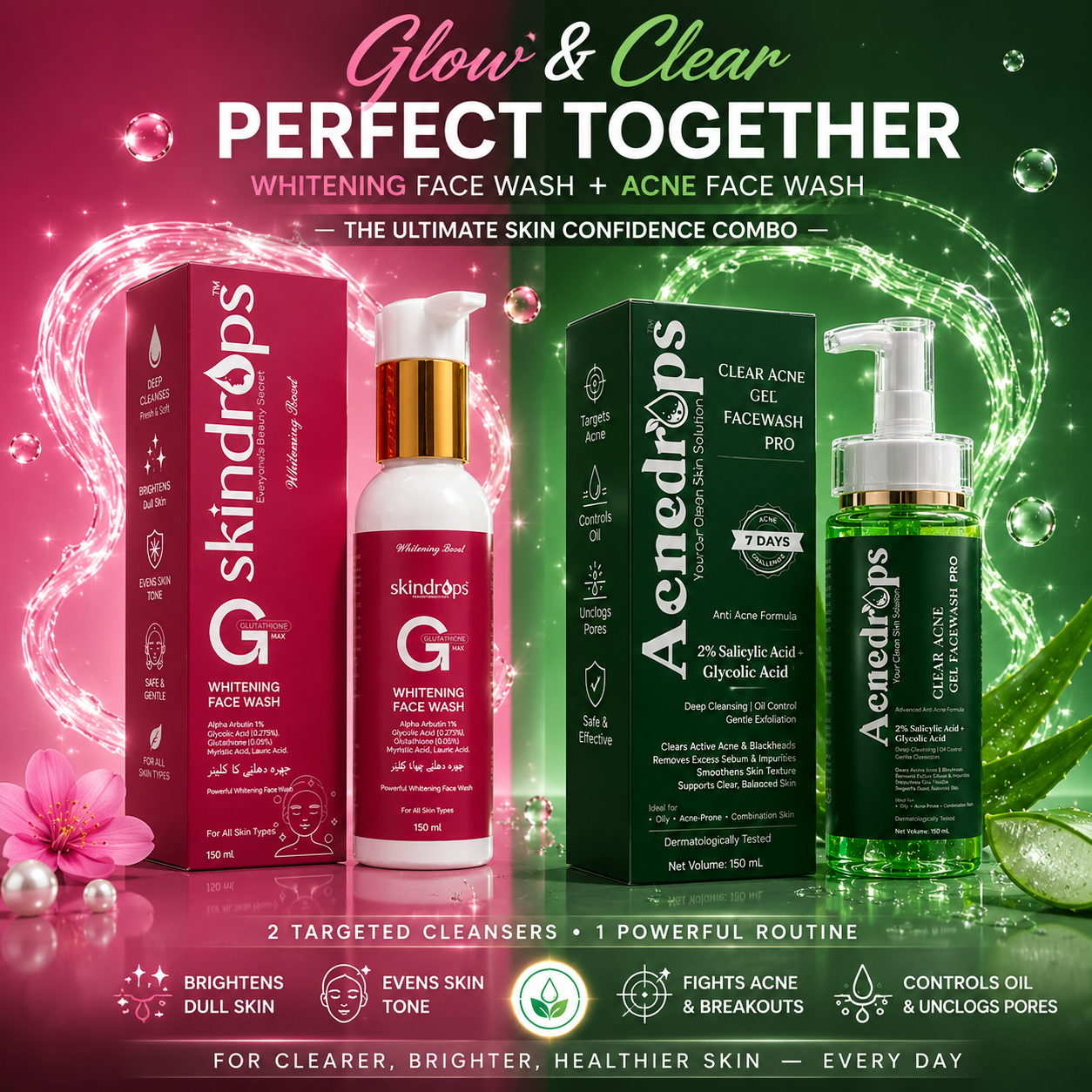 Skindrops Glow & Clear™ Whitening + Acne Face Wash Duo