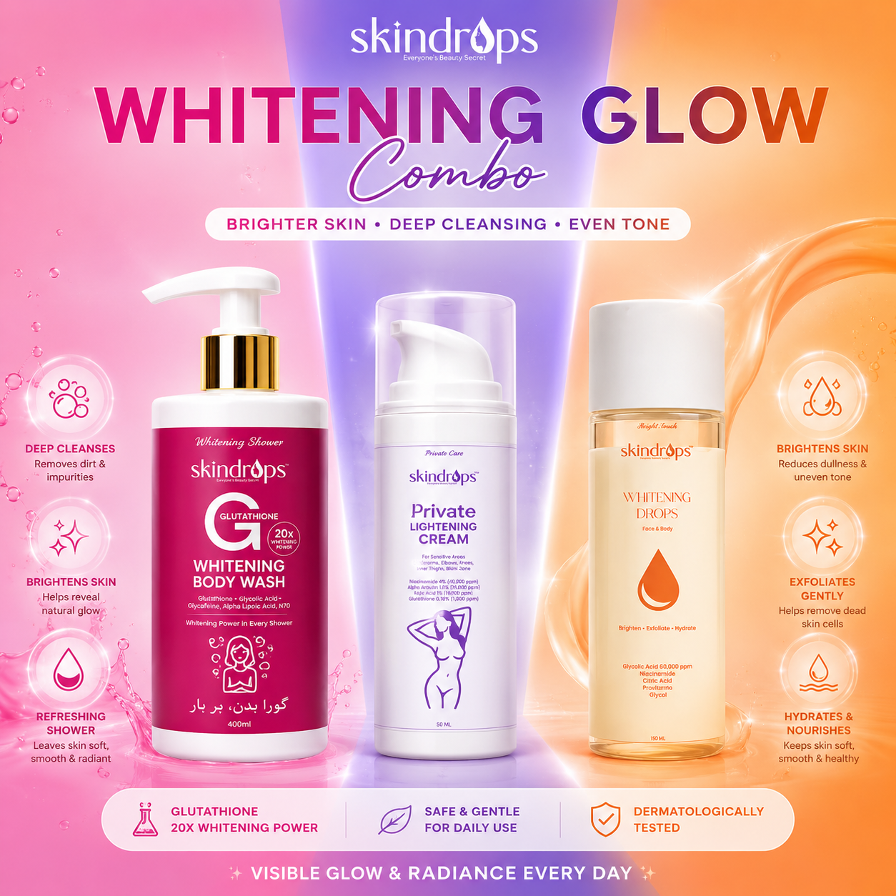SkinDrops Ultimate Brightening Trio | Body Wash + Private Parts Whitening Cream + Whitening Drops